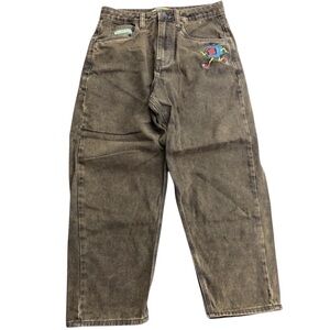 Empyre Embroidered Graphic Baggy Jeans Brown Vintage Wash Skate Drawstring Sz 28